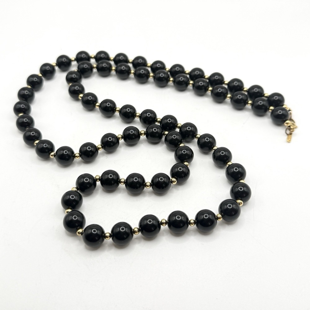 Vintage Monet Lucite Black Beaded Necklace Gold Tone Spacers 28"